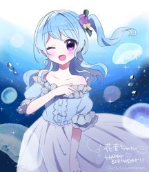 Rule 34 | 1girl, ;d, air bubble, bang dream!, bare shoulders, blue hair, blue shirt, blush, bubble, character name, collarbone, commentary request, flower, frilled shirt, frilled sleeves, frills, green ribbon, hair flower, hair ornament, hair ribbon, happy birthday, jellyfish, long hair, looking at viewer, matsubara kanon, miyuara, one eye closed, one side up, open mouth, purple eyes, purple flower, ribbon, shirt, short sleeves, skirt, smile, solo, twitter username, underwater, white skirt, yellow flower