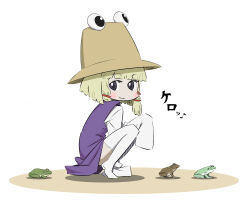 Rule 34 | 1girl, blonde hair, blunt bangs, blush, brown hat, dress, frog, geso (son-son-son912), grey eyes, hat, long sleeves, looking at viewer, moriya suwako, musical note, pale skin, purple dress, purple vest, red ribbon, ribbon, short hair, sleeves past fingers, sleeves past wrists, smile, solo, squatting, thighhighs, touhou, vest, white background, white thighhighs, wide sleeves