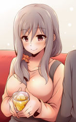 Rule 34 | 1boy, 1girl, blush, breasts, collarbone, commentary request, couch, cup, grey hair, hair ornament, hair over shoulder, hair scrunchie, holding, holding cup, idolmaster, idolmaster cinderella girls, jewelry, kanzaki ranko, large breasts, long hair, looking at viewer, aged up, purple eyes, ring, scrunchie, sitting, smile, solo focus, uraichishi, wedding band