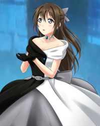 Rule 34 | 1girl, :o, aqua eyes, artist name, artist request, back bow, bare shoulders, belt, black dress, black gloves, black skirt, blue eyes, blush, bow, breasts, brown hair, buttons, choker, cleavage, collarbone, dress, drop earrings, earrings, female focus, gloves, grey belt, grey bow, grey skirt, hair between eyes, hair bow, high ponytail, jewelry, lace, lace gloves, long hair, looking at viewer, love live!, love live! nijigasaki high school idol club, love live! school idol festival, multicolored clothes, necklace, off-shoulder dress, off shoulder, osaka shizuku, parted lips, ponytail, sidelocks, skirt, sleeveless, sleeveless dress, small breasts, smile, solitude rain (love live!), solo, two-tone dress, white bow, white dress, white skirt