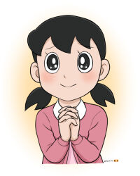 Rule 34 | 1girl, black eyes, black hair, commentary request, dated, doraemon, low twintails, minamoto shizuka, mochi-iri kinchaku, own hands clasped, own hands together, smile, solo, twintails, upper body