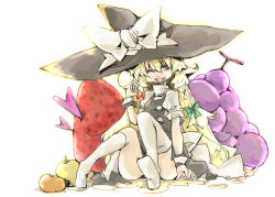 Rule 34 | 1girl, beru, black dress, blonde hair, bow, braid, censored, convenient censoring, dress, food, fruit, gloves, grapes, grey eyes, hair bow, hat, hat bow, kirisame marisa, long hair, looking at viewer, mini person, minigirl, no shoes, one eye closed, open mouth, persimmon, puffy sleeves, shirt, short sleeves, single braid, solo, strawberry, thighhighs, touhou, very long hair, white gloves, white thighhighs, wink, witch hat, zettai ryouiki