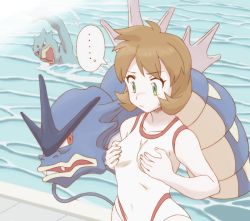 Rule 34 | ..., 00s, 1girl, blue eyes, breast conscious, breast hold, breasts, brown hair, collarbone, covered navel, creatures (company), fangs, female focus, game freak, gen 1 pokemon, golduck, grabbing own breast, green eyes, gyarados, gym leader, hands on own chest, misty (pokemon), monster, nintendo, nomura (buroriidesu), one-piece swimsuit, open mouth, orange hair, pokemon, pokemon (creature), pokemon hgss, pool, red eyes, short hair, small breasts, spoken ellipsis, sweatdrop, swimming, swimsuit, water