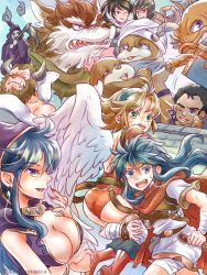 Rule 34 | 2girls, armor, ass, blonde hair, blue eyes, breasts, breath of fire, breath of fire i, builder (breath of fire), character request, cleavage, danc, deis, gilliam (breath of fire i), hamamuraacca, highres, large breasts, long hair, looking at viewer, manillo, medium hair, mogu (breath of fire), multiple boys, multiple girls, nail polish, nina (breath of fire i), open mouth, ryuu (breath of fire i), short hair, smile