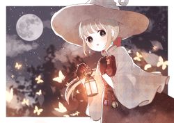 Rule 34 | 1girl, absurdres, black eyes, black gloves, black skirt, blush, book, bow, bug, butterfly, cloud, earrings, fantasy, full moon, gloves, highres, holding, holding book, huge filesize, insect, jewelry, lantern, leaf, looking at viewer, mokunoki, moon, night, original, outdoors, red bow, short hair, skirt, standing, white headwear, wide sleeves, witch