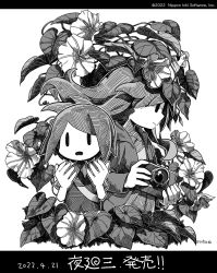 Rule 34 | artist request, backpack, bag, camera, collared shirt, floating hair, flower, greyscale, highres, holding, holding camera, hood, hood down, hoodie, leaf, long hair, monochrome, official art, omoide no naka no shoujo, open clothes, open hoodie, open mouth, profile, release date, shirt, short hair, sleeves rolled up, upper body, yomawari (series), yomawari san