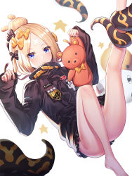 Rule 34 | 1girl, :3, abigail williams (fate), abigail williams (traveling outfit) (fate), bare legs, barefoot, black bow, black jacket, blonde hair, blue eyes, blush, bow, closed mouth, commentary request, crossed bandaids, fate/grand order, fate (series), hair bow, hair bun, hands up, highres, holding, holding stuffed toy, jacket, leg up, long hair, long sleeves, looking at viewer, medjed (fate), official alternate costume, orange bow, parted bangs, polka dot, polka dot bow, ririko (zhuoyandesailaer), simple background, single hair bun, sleeves past wrists, solo, star (symbol), stuffed animal, stuffed toy, teddy bear, tentacles