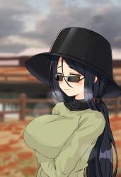 Rule 34 | 1girl, absurdres, arms under breasts, black hair, black hat, blurry, blurry background, blush, breasts, breath, bucket hat, closed mouth, cloud, commentary request, fence, fushimimukai sanae, green shirt, hair between eyes, hat, highres, kitsunerider, large breasts, long hair, long sleeves, looking at viewer, mature female, mole, mole under eye, original, outdoors, rectangular eyewear, shirt, solo, sunglasses, swept bangs, upper body, yellow eyes