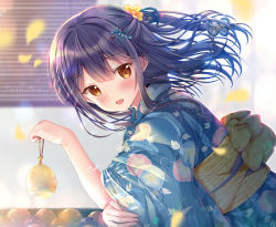 Rule 34 | 1girl, azur lane, bad id, bad pixiv id, blue flower, blue hair, blue kimono, blue ribbon, blurry, blurry background, blush, bow, brown eyes, commentary request, depth of field, floral print, flower, hair between eyes, hair flower, hair ornament, hair ribbon, holding, japanese clothes, kimono, long hair, looking at viewer, looking to the side, mullany (azur lane), obi, print kimono, ribbon, sash, short sleeves, solo, sousouman, upper body, wide sleeves, x hair ornament, yellow bow, yellow flower