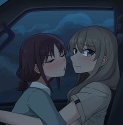 Rule 34 | 2girls, blue sky, bluecloud, blush, car interior, closed eyes, closed mouth, cloud, cloudy sky, commentary, earclip, girls band cry, grey eyes, grey shirt, hashtag-only commentary, highres, imminent kiss, iseri nina, kawaragi momoka, light brown hair, long hair, looking at viewer, multiple girls, night, puckered lips, purple hair, shirt, short sleeves, short twintails, sky, twintails, upper body, yuri