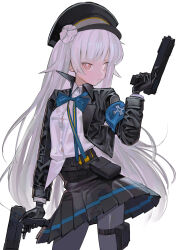 Rule 34 | 1girl, absurdres, armband, black gloves, black hat, black jacket, black pantyhose, black skirt, bow, closed mouth, dual wielding, gloves, goddess of victory: nikke, gun, hair bun, hat, highres, holding, holding gun, holding weapon, jacket, long hair, long sleeves, looking at viewer, pantyhose, pleated skirt, red eyes, saaal653, shirt, shirt partially tucked in, simple background, single side bun, skirt, soline (nikke), solo, thigh strap, very long hair, weapon, white background, white hair, white shirt