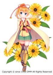 Rule 34 | beige cape, black thighhighs, blue eyes, blush, cape, closed mouth, commentary request, flower, flower knight girl, full body, green skirt, hair ribbon, head tilt, high ponytail, japanese clothes, kimono, kuji-in, long hair, looking at viewer, name connection, ninja, obi, object namesake, orange hair, pleated skirt, ponytail, red ribbon, ribbon, rudbeckia, rudbeckia (flower knight girl), sandals, sash, short kimono, simple background, skirt, smile, solo, standing, thighhighs, usashiro mani, very long hair, white background, yellow flower, yellow kimono, zouri