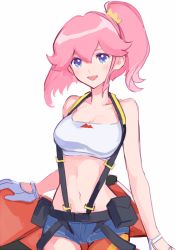Rule 34 | 1girl, aina ardebit, blouse, blue eyes, breasts, cowboy shot, gloves, hair between eyes, jacket, long hair, looking at viewer, medium breasts, midriff, okchoko, open mouth, pink hair, promare, shirt, short shorts, shorts, side ponytail, simple background, sleeveless, sleeveless shirt, smile, solo, suspenders, thighhighs, white background, white shirt