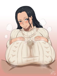 Rule 34 | 1girl, artist name, black hair, blush, breast suppress, breasts, brown eyes, covered erect nipples, cum, hair slicked back, head tilt, highres, huge breasts, light smile, lips, long hair, long sleeves, looking at viewer, mikanberry, nico robin, one piece, paizuri, paizuri under clothes, penis, pov, smile, solo focus, steam, sweater