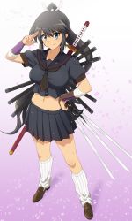 Rule 34 | &gt;:), 10s, 1girl, aqua eyes, armor, black hair, black serafuku, black skirt, breasts, brown footwear, cherry blossoms, crop top, full body, hair ribbon, hand on own hip, holding, holding sword, holding weapon, homura (senran kagura), impossible clothes, japanese armor, katana, kote, large breasts, long hair, looking at viewer, miniskirt, mokkei, navel, neckerchief, petals, pleated skirt, ponytail, puffy short sleeves, puffy sleeves, ribbon, salute, school uniform, senran kagura, serafuku, shoes, short sleeves, sidelocks, skirt, skirt set, socks, solo, striped clothes, striped socks, sword, unsheathed, v-shaped eyebrows, vertical-striped clothes, vertical-striped socks, very long hair, weapon, weapon on back, white background, white ribbon