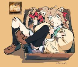 Rule 34 | 1girl, :&lt;, ahoge, animal, aqua eyes, artist name, asymmetrical legwear, bandaid, bandaid on knee, bandaid on leg, black socks, bow, bowtie, box, brown footwear, cardboard box, cardigan, cat, cat tail, closed mouth, from above, full body, green bow, green bowtie, grey skirt, highres, in box, in container, indie virtual youtuber, kneehighs, light blush, light brown hair, loafers, long hair, long sleeves, looking at viewer, lying, neuro-sama, on back, orange background, pasharuu, paw pose, photo inset, raised eyebrows, red ribbon, reference inset, ribbon, school uniform, shoes, simple background, single kneehigh, single sock, single thighhigh, skirt, socks, solo, tail, tail ornament, tail ribbon, thighhighs, two side up, uneven legwear, virtual youtuber, yellow cardigan