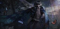 Rule 34 | 1boy, black hair, black pants, blue eyes, bug, butterfly, cape, claws, closed mouth, collared shirt, cowboy shot, crown, fairy wings, fate/grand order, fate (series), fur-trimmed cape, fur trim, hair between eyes, highres, insect, insect wings, long sleeves, looking at viewer, male focus, medium hair, oberon (fate), oberon (third ascension) (fate), outdoors, pants, shirt, solo, standing, tree, uglykao, white shirt, wings