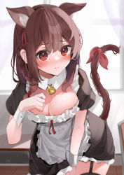 Rule 34 | 1girl, absurdres, animal ears, apron, bell, between legs, black dress, blush, braid, breasts, brown hair, cleavage, dress, extra ears, frilled apron, frills, garter straps, hair ornament, hand between legs, highres, jingle bell, kamimori kuuraku, large breasts, looking at viewer, maid, maid apron, maid headdress, original, red eyes, skirt, tail, thighhighs, waist apron, white apron