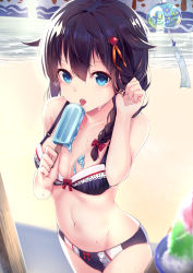 Rule 34 | 10s, 1girl, adapted costume, beach, black bra, black hair, black panties, blue eyes, bow, bow bra, bow panties, bra, braid, breasts, cleavage, cowboy shot, day, eating, food, hair between eyes, hair flaps, hair ornament, ice cream, kantai collection, licking, long hair, looking at viewer, navel, outdoors, panties, popsicle, red bow, shigure (kancolle), shigure kai ni (kancolle), side braid, single braid, small breasts, solo, tongue, tongue out, underwear, underwear only, wet, wind chime, yan (nicknikg)