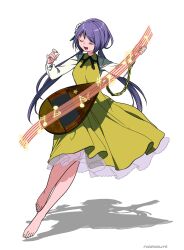 Rule 34 | 1girl, artist name, barefoot, beamed sixteenth notes, biwa lute, chain, closed eyes, dress, fingernails, flower, frilled dress, frills, full body, hair flower, hair ornament, highres, instrument, long hair, long sleeves, lute (instrument), music, musical note, nail polish, namauni, open mouth, playing instrument, purple hair, quarter note, quarter rest, shadow, simple background, sixteenth note, smile, solo, toenail polish, toenails, touhou, treble clef, tsukumo benben, white background, white flower, yellow dress, yellow nails