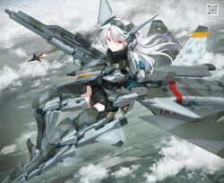Rule 34 | 1girl, ace combat, aircraft, airplane, armor, cloud, commentary request, commission, fighter jet, fire, gun, headgear, highres, holding, holding gun, holding weapon, jet, long hair, looking at viewer, mecha musume, mig-1.44, military, military vehicle, personification, pixiv commission, qr code, red eyes, rifle, solo, thighhighs, thrusters, tom-neko (zamudo akiyuki), weapon, white hair