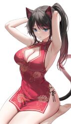 Rule 34 | 1girl, absurdres, animal ears, armpits, arms behind head, arms up, bare arms, bare shoulders, barefoot, black hair, blue eyes, breasts, cat ears, cat girl, cat tail, china dress, chinese clothes, cleavage, cleavage cutout, clothing cutout, dress, floral print, gradient hair, highres, large breasts, lillly, long hair, looking at viewer, multicolored hair, original, panty straps, parted lips, pelvic curtain, ponytail, print dress, red dress, red hair, short dress, side-tie peek, sidelocks, sitting, sleeveless, sleeveless dress, solo, streaked hair, tail, thighs