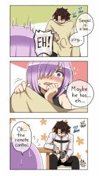 Rule 34 | 1boy, 1girl, 3koma, @ @, arm support, blanket, blush, brown hair, bulge, comic, commentary, controller, english commentary, english text, closed eyes, fate/grand order, fate (series), flying sweatdrops, fujimaru ritsuka (male), highres, long sleeves, maroonabyss, mash kyrielight, motion lines, nose blush, open mouth, out of frame, purple eyes, purple hair, recurring image, remote control, short hair, signature, sitting, sleeping, speech bubble, surprised, sweat, table, thought bubble, zzz