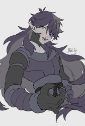 Rule 34 | 1boy, claws, cropped torso, dated, drruraguchi, eyes visible through hair, fengxi (the legend of luoxiaohei), highres, long hair, open mouth, pointy ears, purple eyes, simple background, solo, luo xiaohei zhanji, very long hair, white background