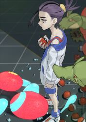 1boy apple black_hair blue_socks closed_mouth colored_sclera creatures_(company) food from_side fruit game_freak gen_4_pokemon highres holding holding_poke_ball hydrapple jacket kieran_(pokemon) long_sleeves male_focus mask mole mole_on_neck multicolored_hair nintendo open_clothes open_jacket poke_ball poke_ball_(basic) pokemon pokemon_(creature) pokemon_sv porygon-z purple_hair rare_candy red_tank_top revive_(pokemon) serota shorts socks solo standing tank_top white_footwear yellow_eyes yellow_sclera