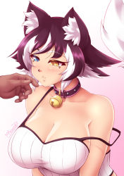 Rule 34 | 1girl, :3, animal ear fluff, animal ears, artist name, bare shoulders, bell, black hair, blue eyes, blush, breasts, cat ears, collar, collarbone, commentary, gradient background, heterochromia, highres, jingle bell, kat (mazume), large breasts, mazume, multicolored hair, neck bell, original, pink background, short hair, signature, simple background, solo focus, strap slip, studded collar, two-tone hair, upper body, white hair, yellow eyes