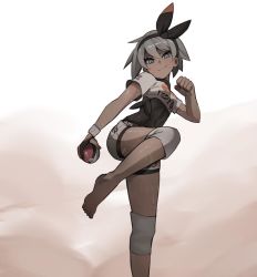 Rule 34 | 1girl, barefoot, bea (pokemon), blue eyes, bodysuit, bodysuit under clothes, bow hairband, clenched hand, closed mouth, creatures (company), dark-skinned female, dark skin, dynamax band, game freak, gloves, grey hair, gym leader, hair between eyes, hairband, holding, holding poke ball, jourd4n, knee pads, leg up, nintendo, partially fingerless gloves, poke ball, pokemon, pokemon swsh, print shirt, shirt, short hair, short sleeves, simple background, single glove, smile, solo, sweat, tied shirt