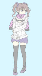 Rule 34 | 1girl, bra, brown hair, cat lingerie, checkered clothes, checkered scarf, colorized, full body, hair between eyes, hair ornament, hair scrunchie, hand on own wrist, highres, himekaidou hatate, long hair, long sleeves, looking to the side, meme attire, naegi (naegidokoro), open-chest sweater, pink scarf, pointy ears, purple eyes, purple shorts, ribbed sweater, scarf, scrunchie, shorts, simple background, sleeves past wrists, solo, sweater, thighhighs, touhou, twintails, underwear