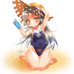 Rule 34 | 1girl, arm up, armpits, azur lane, bare arms, bare legs, bare shoulders, barefoot, blue one-piece swimsuit, blush, breasts, closed mouth, covered navel, cross, cross necklace, food, groin, hand on headwear, hand up, hat, holding, jewelry, kneeling, knees together feet apart, long hair, looking at viewer, mole, mole under eye, necklace, one-piece swimsuit, popsicle, purple one-piece swimsuit, ribbon, silver hair, small breasts, smile, solo, star (symbol), straw hat, sugihara (sugihara2000), swimsuit, thigh gap, thighs, white ribbon, yellow eyes, yellow hat, z46 (azur lane), z46 (her first summer) (azur lane)