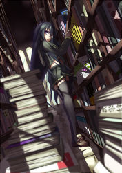 Rule 34 | 1girl, black hair, black thighhighs, blurry, book, book stack, depth of field, dutch angle, f sharp, from below, glasses, highres, library, loafers, long hair, looking at viewer, midriff, os-tan, personification, pleated skirt, programming, purple eyes, renka (renkas), school uniform, shoes, skirt, solo, thighhighs, window shadow, zettai ryouiki