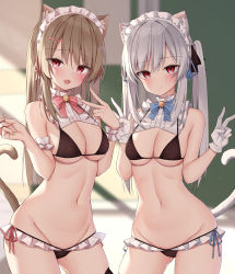 Rule 34 | 2girls, animal ears, arm strap, bikini, black bikini, blush, breasts, brown hair, cat ears, cat girl, cat tail, closed mouth, commentary request, cowboy shot, frilled bikini, frilled panties, frills, gloves, hair ornament, hairclip, hands up, highres, kamu (geeenius), large breasts, long hair, looking at viewer, maid, maid bikini, maid headdress, multiple girls, navel, open mouth, original, panties, red eyes, side-tie bikini bottom, side-tie panties, sideboob, silver hair, smile, swimsuit, tail, unconventional maid, underboob, underwear, v, white gloves, white headwear