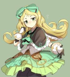 Rule 34 | 1girl, akamoku, ascot, atelier (series), atelier shallie, bad id, bad pixiv id, black bloomers, black capelet, blonde hair, bloomers, bow, capelet, closed mouth, cowboy shot, expressionless, flipped hair, frilled skirt, frills, gloves, green ascot, green background, green bow, green eyes, green skirt, hair bow, jitome, long hair, looking at viewer, miruca crotze, outstretched hand, simple background, skirt, solo, underwear, white gloves