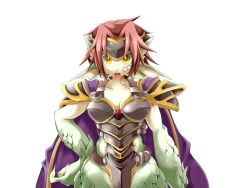 Rule 34 | 1girl, animal ears, arm tattoo, armor, black armor, bmp-to-png conversion, breasts, cape, cleavage, colored skin, cowboy shot, dragon ears, dragon girl, facial tattoo, fins, forehead protector, frfr, game cg, granberia, green skin, hair intakes, hand on own hip, head fins, looking at viewer, medium breasts, mon-musu quest!, monster girl, multicolored skin, neck tattoo, non-web source, open mouth, pointy ears, purple cape, red hair, scales, short hair, shoulder armor, simple background, solo, tattoo, transparent background, two-tone skin, wide hips, yellow eyes, yellow skin