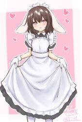 Rule 34 | 1girl, alternate costume, animal ears, black hair, blush, dress, enmaided, feet out of frame, floppy ears, hair between eyes, heart, holding, holding clothes, holding dress, inaba tewi, looking at viewer, maid, medium hair, pantyhose, petite, pink background, pink eyes, rabbit ears, signature, simple background, solo, standing, touhou, usaka ray, white pantyhose