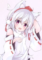 Rule 34 | 1girl, absurdres, animal ears, bare shoulders, chinoru, detached sleeves, fang, hat, highres, inubashiri momiji, looking at viewer, open mouth, paw pose, pom pom (clothes), red eyes, ribbon-trimmed sleeves, ribbon trim, shirt, short hair, sleeveless, sleeveless shirt, solo, sweatdrop, tail, tokin hat, touhou, white hair, white shirt, wolf ears, wolf tail