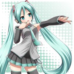 Rule 34 | 1girl, detached sleeves, green eyes, green hair, hatsune miku, headset, ki (kk-sk-ray), long hair, matching hair/eyes, md5 mismatch, nail polish, necktie, open mouth, outstretched arm, skirt, solo, thighhighs, twintails, very long hair, vocaloid