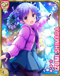 Rule 34 | 1girl, backpack, bag, braid, character name, city, girlfriend (kari), grey skirt, hair ribbon, jacket, leggings, lights, looking at viewer, night, official art, open mouth, outdoors, pink jacket, purple eyes, purple hair, purple shirt, qp:flapper, ribbon, shimada izumi, shirt, skirt, smile, solo, standing, standing on one leg, tagme, wand