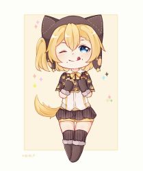 Rule 34 | 1girl, ;p, artist name, black shorts, black socks, boots, bow, capelet, chibi, food, food on face, fur-trimmed boots, fur-trimmed gloves, fur trim, gloves, halloween costume, highres, holding, holding food, kneehighs, kosaka honoka, love live!, love live! school idol festival, love live! school idol project, one eye closed, one side up, orange hair, paparu (137135585), paw print, short hair, shorts, socks, solo, sparkle, standing, striped clothes, striped shorts, striped socks, sweets, tail, tongue, tongue out, vertical-striped clothes, vertical-striped shorts, vertical-striped socks, wolf hood, wolf tail, yellow bow