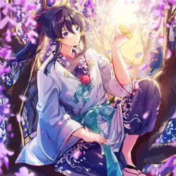Rule 34 | 1boy, absurdres, amako (kitashiragawa), arm up, bird, bird on hand, bishounen, black hair, blue kimono, blurry, commentary request, depth of field, ensemble stars!, floral print, flower, hair between eyes, hair blowing, hair ribbon, hand on lap, highres, in tree, japanese clothes, kanzaki souma, kariginu, kimono, knee up, long hair, looking at animal, male focus, open hand, outdoors, parted lips, petals, pom pom (clothes), ponytail, purple eyes, ribbon, sandals, sidelocks, sitting, smile, solo, sunlight, tree, twilight, wind, wisteria
