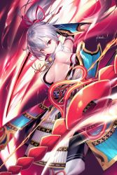Rule 34 | 1girl, armor, arrow (projectile), black gloves, bow, breasts, elbow gloves, fate/grand order, fate (series), fire, gloves, hair between eyes, hair ribbon, high collar, holding, holding weapon, japanese armor, japanese clothes, katana, kousaki rui, long hair, looking at viewer, red eyes, ribbon, sideboob, signature, silver hair, solo, sword, weapon