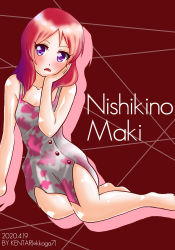 Rule 34 | 1girl, artist name, artist request, bare legs, bare shoulders, blush, collarbone, feet, female focus, floral print, grey shirt, grey skirt, hair between eyes, hand on face, highres, kkoga7, looking at viewer, love live!, love live! school idol project, nishikino maki, purple eyes, red background, red hair, shirt, short hair, skirt, solo