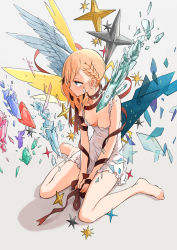 Rule 34 | 1girl, arakawa (aintnoroom), arm ribbon, asymmetrical hair, asymmetrical wings, bare legs, barefoot, between legs, blonde hair, blue eyes, blush, braid, breasts, broken, crying, crystal, downblouse, dress, feathered wings, flying teardrops, french braid, frills, from above, full body, gradient background, grey background, hand between legs, highres, holding, long hair, looking away, looking to the side, multiple wings, no bra, original, red ribbon, ribbon, sad, shadow, short dress, sitting, sleeveless, sleeveless dress, small breasts, solo, square, star (symbol), sundress, tears, triangle, wariza, white dress, white wings, wings, yellow wings