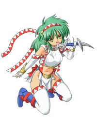 Rule 34 | 1girl, annet myer, blue footwear, boots, crop top, dagger, el viento, full body, gloves, green hair, hairband, holding, holding dagger, holding knife, holding weapon, kneeling, knife, long hair, midriff, murasaki2007, navel, open mouth, solo, thighhighs, weapon, white background, white thighhighs, yellow eyes