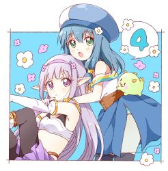 Rule 34 | 2girls, black legwear, blue hair, blue hat, blue panties, blue skirt, blush, breasts, closed mouth, elbow gloves, elf, elnowar seylan, endro!, flower, gloves, green eyes, hair flower, hair ornament, hairband, hat, highres, long hair, looking at viewer, meiza endust, multicolored clothes, multicolored headwear, multiple girls, namori, official art, panties, pantyhose, parted lips, pointy ears, purple skirt, skirt, sleeveless, small breasts, speech bubble, thighhighs, underwear, white gloves, white hat