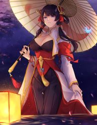 Rule 34 | 1girl, absurdres, arm at side, armband, beads, bell, black hair, black pants, blue eyes, breasts, cherry blossoms, cleavage, cowboy shot, detached sleeves, eyelashes, hair bell, hair ornament, hair rings, highres, hinamaru, holding, holding umbrella, jingle bell, lantern, lantern on liquid, large breasts, long hair, looking at viewer, night, night sky, oil-paper umbrella, origami, panilla the revival, pants, paper crane, paper lantern, parted lips, petals, pleated pants, rope, sash, sidelocks, sky, solo, standing, star (sky), starry sky, tassel, twintails, umbrella, wading, waist cape, water
