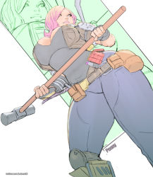 Rule 34 | 1girl, belt pouch, breasts, commentary, commission, constructor penny, english commentary, fingerless gloves, flipped hair, fortnite, from below, gloves, hammer, holding, holding weapon, large breasts, lips, pants, parted bangs, pink hair, pouch, rejean dubois, short hair, shotgun shell, solo, thick thighs, thighs, vest, weapon, zoom layer